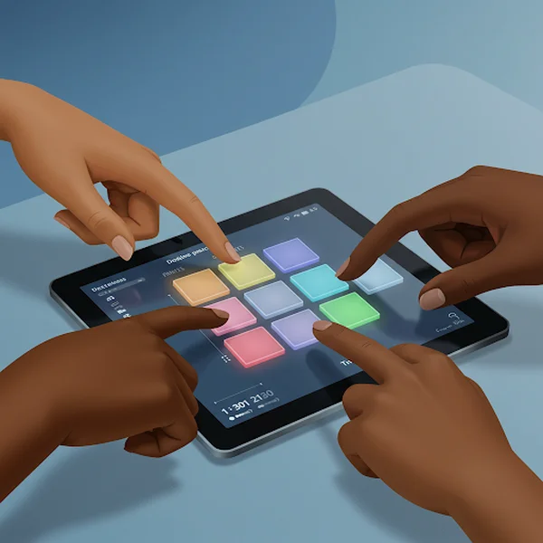 Illustration of accessible virtual drums practice on tablet