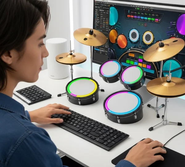 Person playing a virtual drum kit on a computer screen