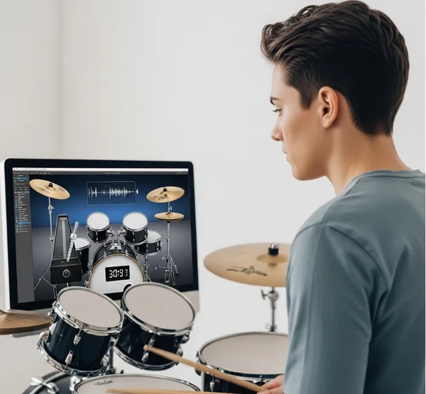 Beginner drummer focusing on metronome with virtual drums
