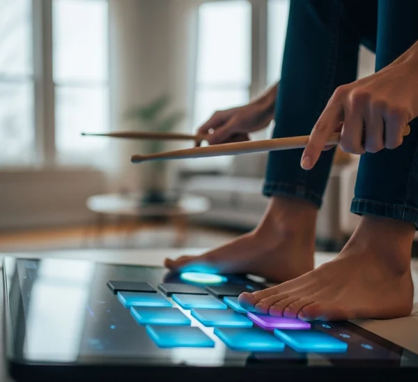 Drummer practicing hand-foot coordination on virtual drums