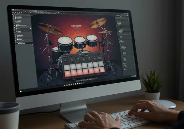 Hands on keyboard playing a virtual drum set on screen