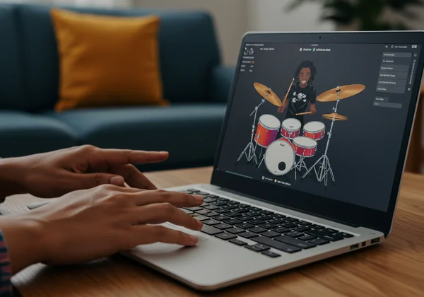 Người đang vui vẻ học trống trên máy tính xách tay tại nhà.