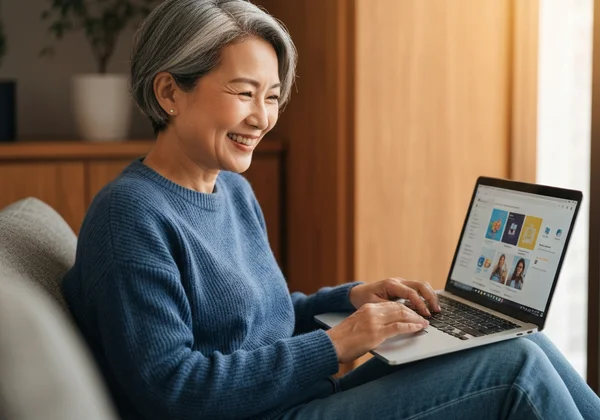 Người đang chơi trống ảo trên laptop với biểu cảm vui vẻ