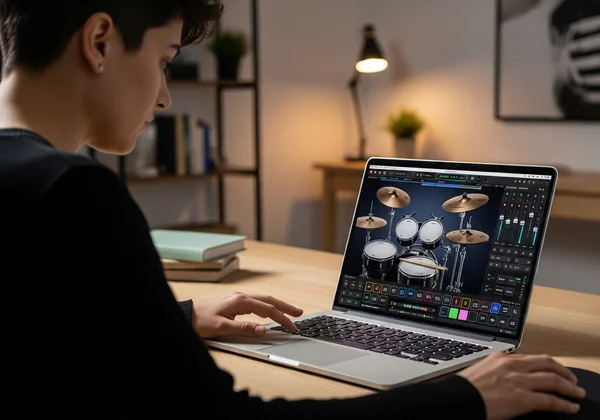 Person using virtual drum set on laptop