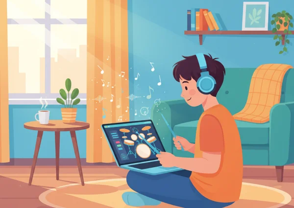 Person lernt online Schlagzeug mit Musiktheorie