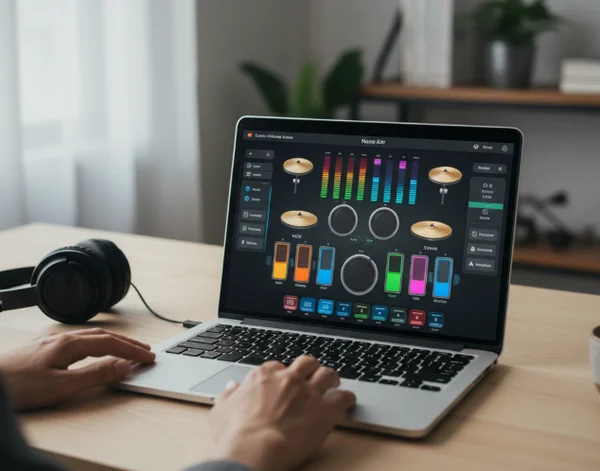 Virtuelles Schlagzeug auf einem Laptop-Bildschirm
