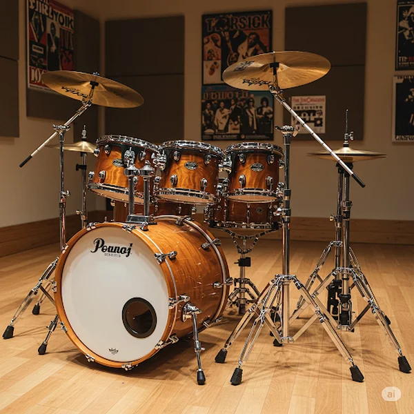 Full acoustic drum set in a practice room setting.