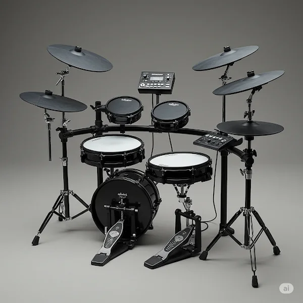 Modern electronic drum kit with multiple pads and cymbals.