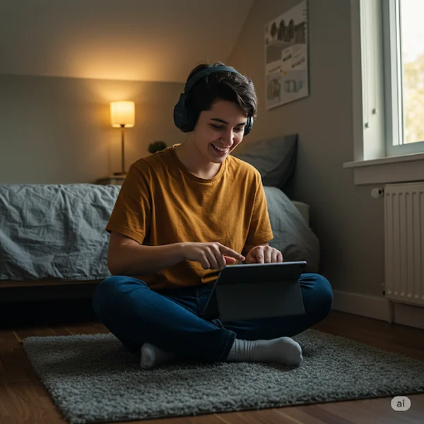 Person happily playing virtual drums on a tablet in