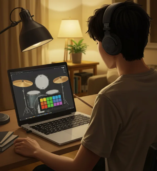 Person practicing virtual drums online with headphones
