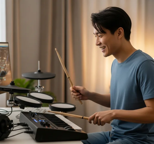 Person engaged and enjoying playing virtual drums with keyboard