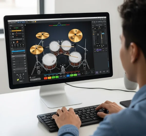 User playing virtual drums with a keyboard layout on screen