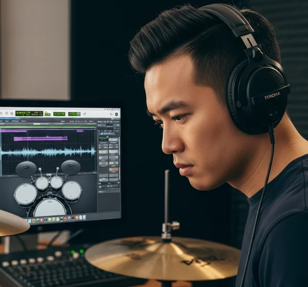 Drummer with headphones listening to virtual drum playback