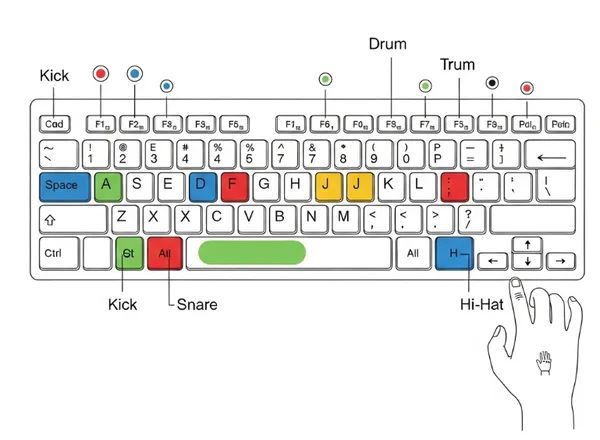 Diagram showing efficient finger patterns for keyboard drums