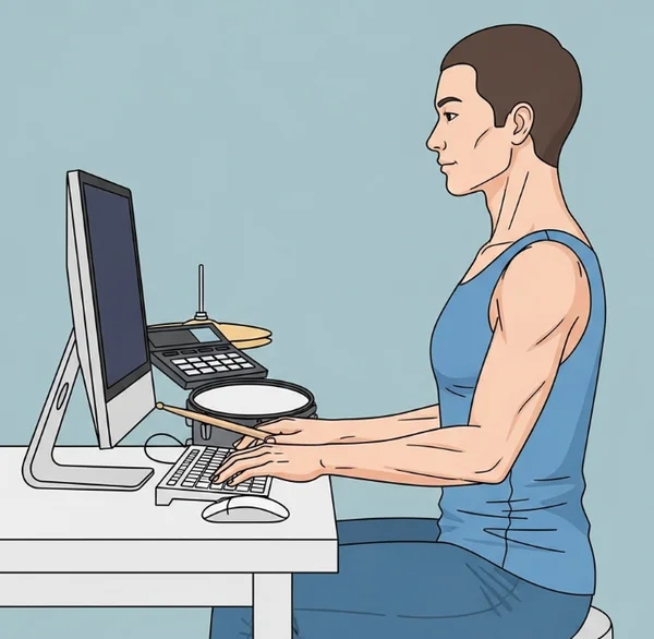 Correct posture for playing virtual drums at a desk setup