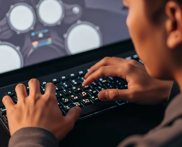 Hands playing virtual drums on a computer keyboard