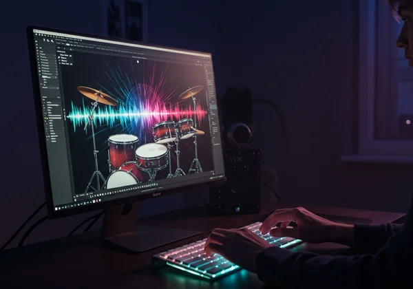 Person's hands on a keyboard playing virtual drums on screen.