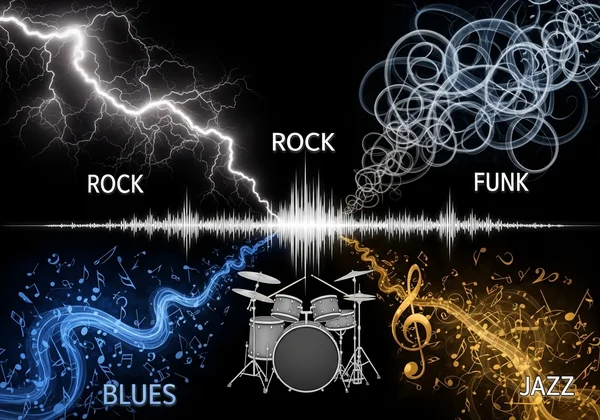 Diverse music genres visualized with drums and notes