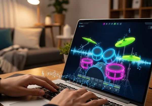 Person learning drums without a kit on a computer