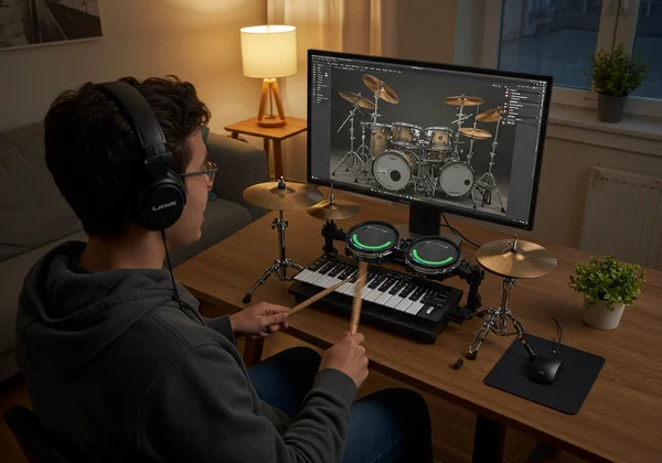 A person practicing virtual drums with focus and headphones