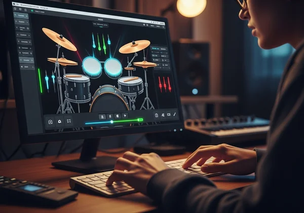 A user interacting with an online virtual drum set platform